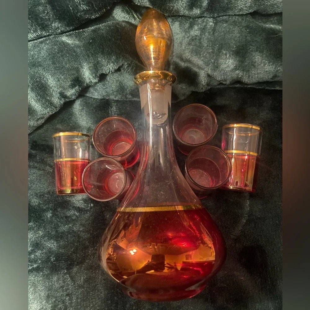 Vintage Elegant Cranberry Flash Gold Band Decanter Set 6 Cordials. Bohemia?